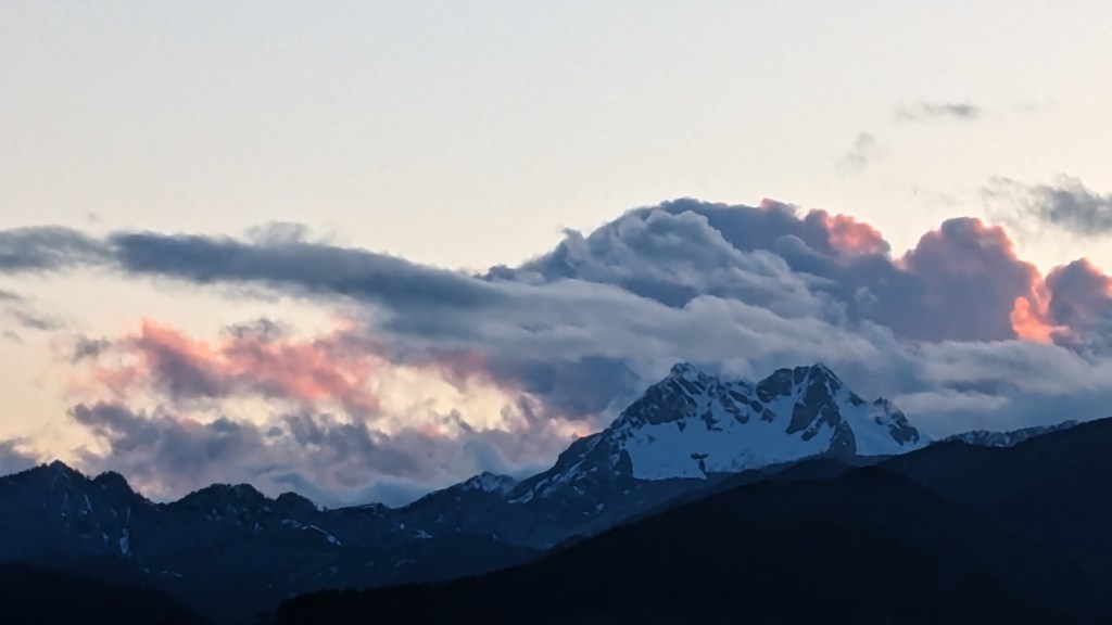Olympic Mountains with clouds and sunset
